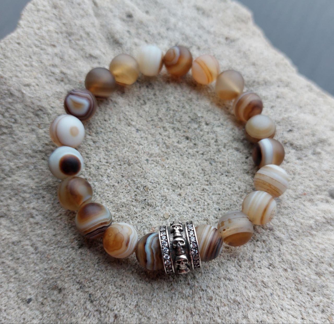 Браслет LITAURS из натурального камня агат d 10 мм и вставкой медицинская сталь с цирконием L 18-21 см (250217-1) - фото 6