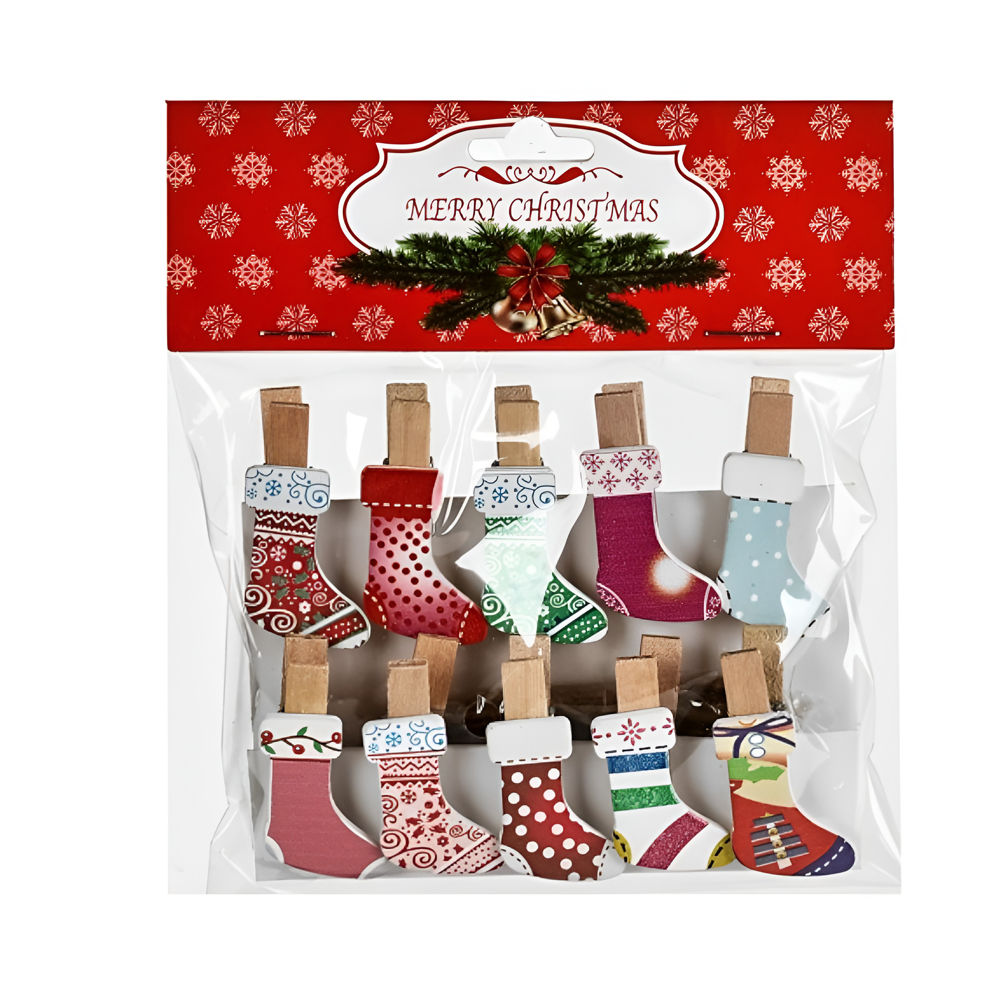 Декоративные прищепки деревянные Stenson Wooden Рождественские носки 3,5 см 10 шт. Разноцветный (R96436)