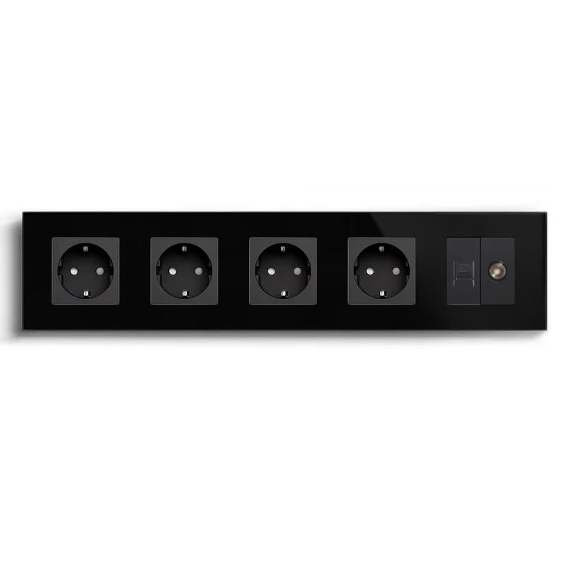 Розетка пятиместная LUXION силовая/интернет RJ-45/ТВ настенная стеклянная рамка Черный (LX-M5FCAT6PTY-BK)