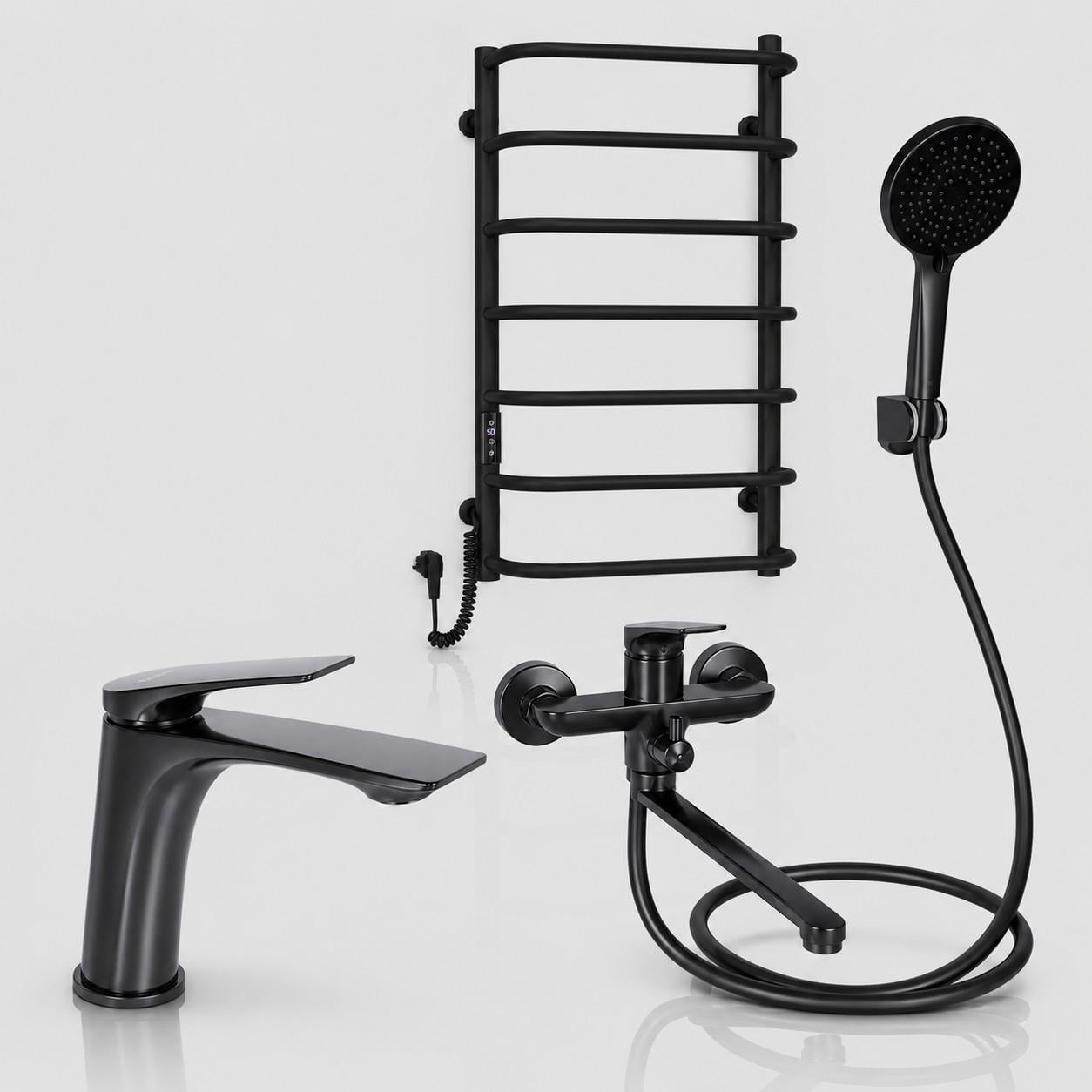 Комплект для ванної кімнати Qtap Vlasta Black 3в1 змішувач для ванни/змішувач для раковини та сушка електричний для рушників Sunny
