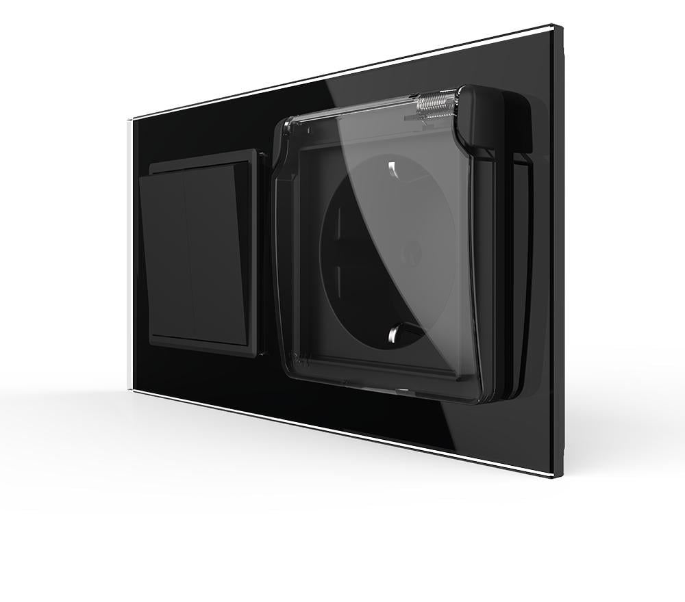 Выключатель двойной с розеткой Livolo IP44 с заземлением/защитными шторками стекло Черный