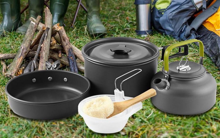 Туристический набор посуды Cooking Set DS-308 алюминиевый чайник/кастрюля/сковорода (2806) - фото 7