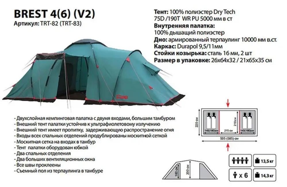 Намет туристичний Tramp Brest 4 v2 Green (TRT-082) - фото 4