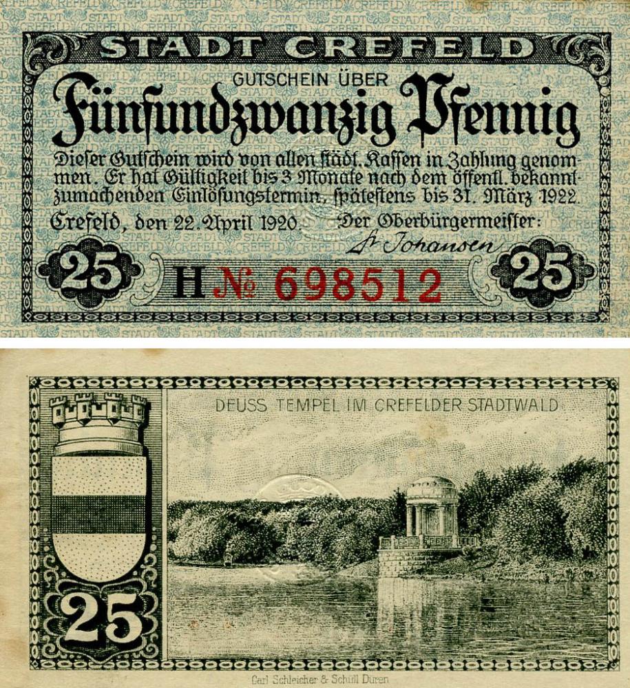Коллекционная банкнота Германия Нотгельд 25 пфеннигов 1920 F-VF Крефельд (Б18517)