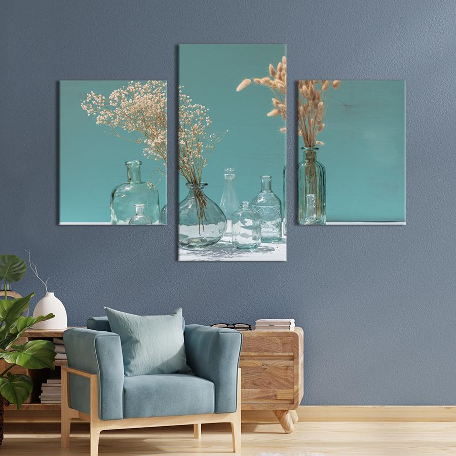 Картина на холсте триптих Натюрморт с стеклаными вазами и букетами трав 66x40 см (948-32)