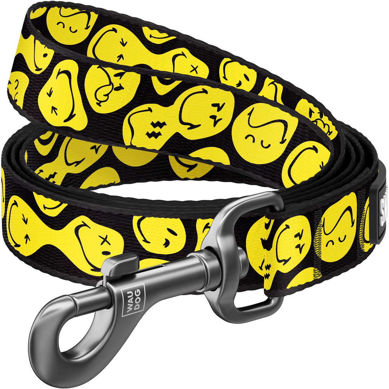 Поводок для собак нейлоновый Waudog Nylon Смайлики на черном L-XXL 122 см 25 мм (342-0181)