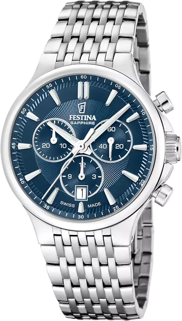 Наручний годинник чоловічий Festina Chrono Swiss Made F20093/2 з сталевим корпусом та синім циферблатом
