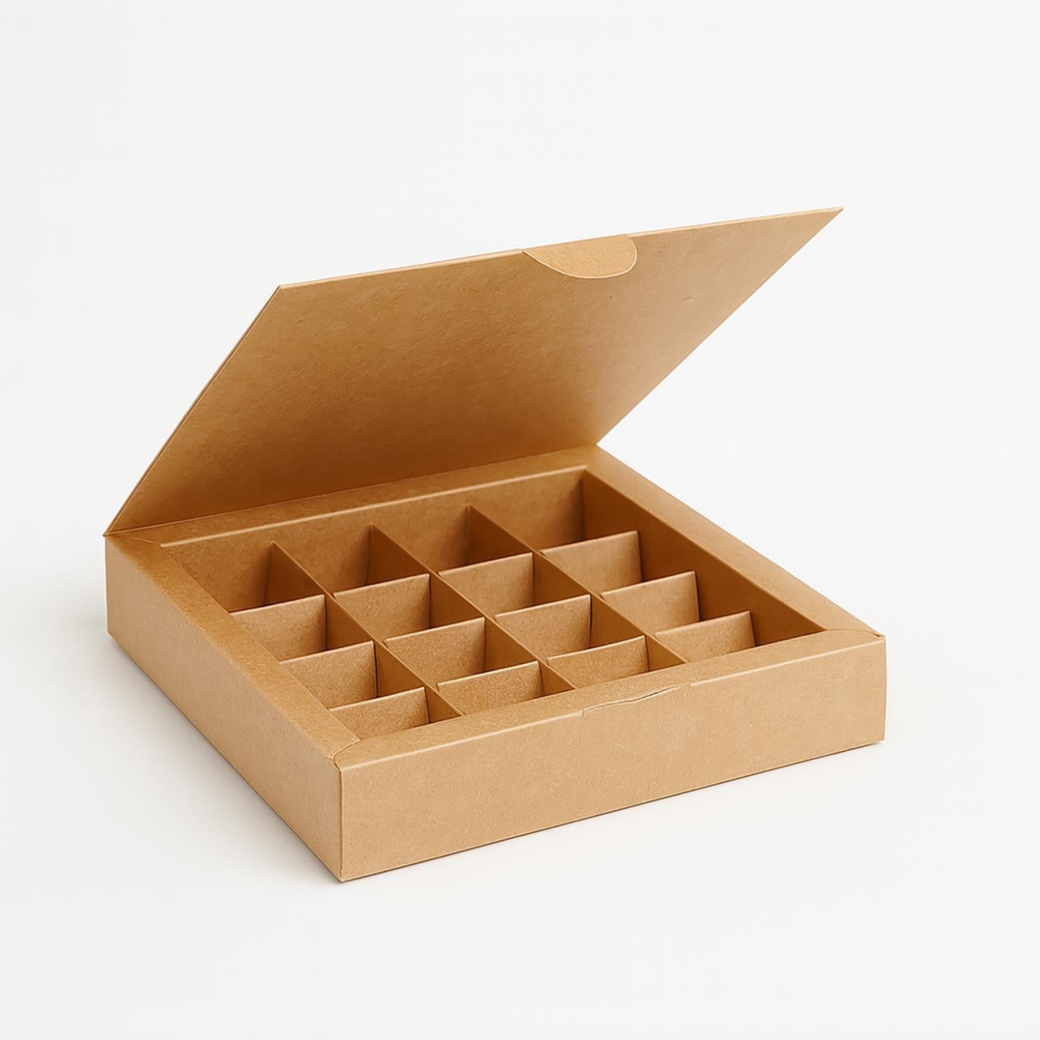 Коробка крафт для 16 конфет и тарталеток с ячейками 185x185x35 мм