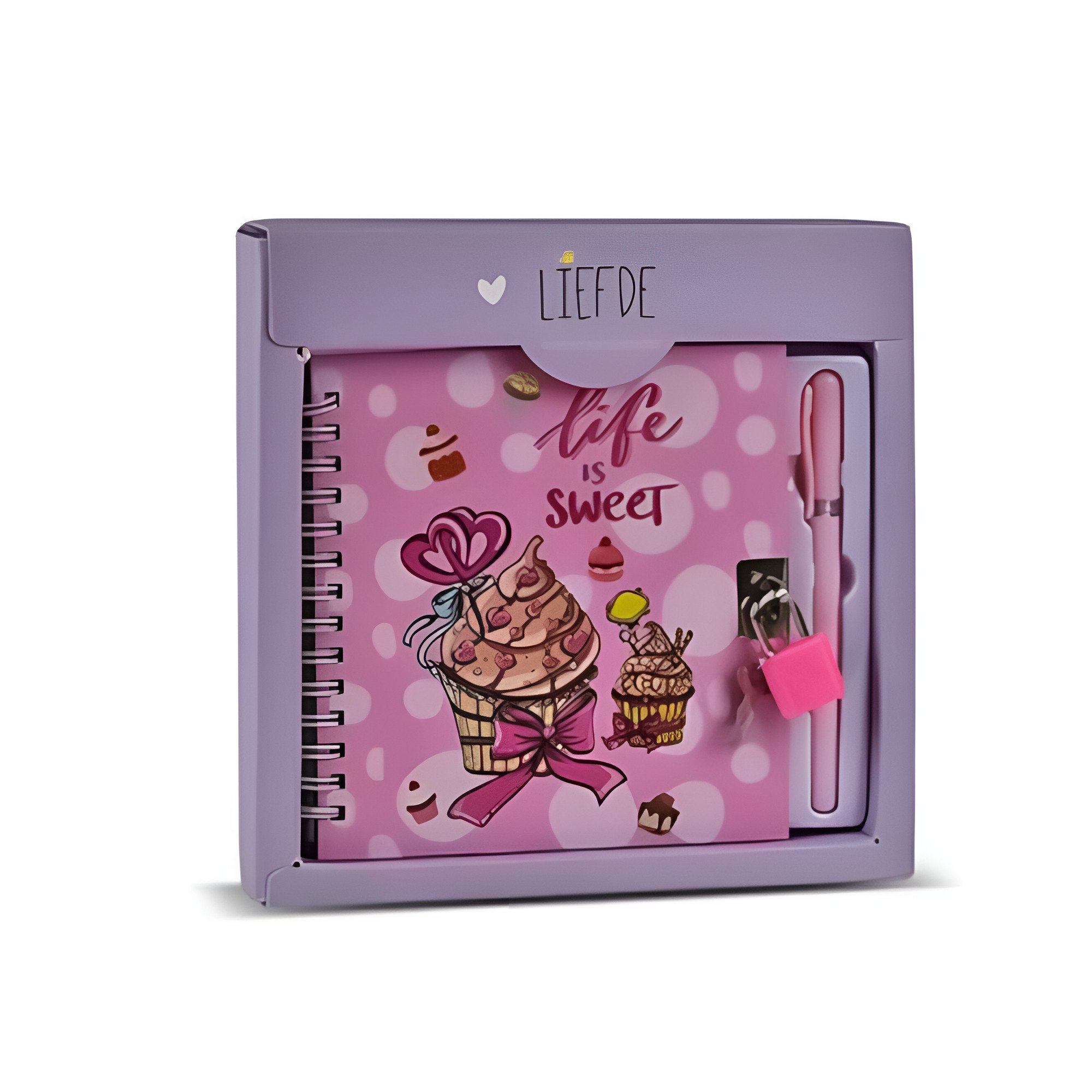 Блокнот на спирали и на замке Stenson Sweets 13,5х13 см 45 листков с ручкой в нежно-фиолетовой коробке Розовый (WW00594ST)