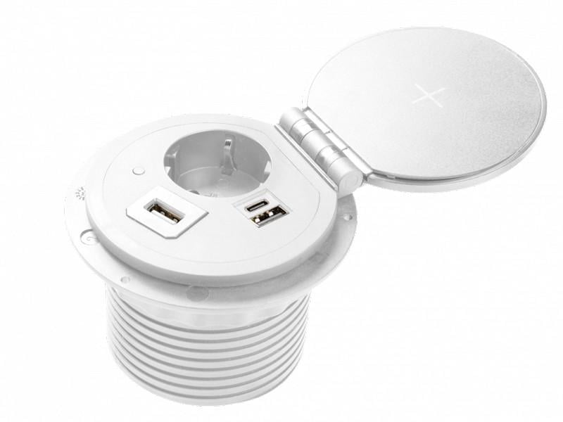 Розетка врезная GTV CHARGER PLUS Schuko беспроводная зарядка 5W USB A + C сменные USB RJ45 HDMI кабель 1,5 м Белый (5082)