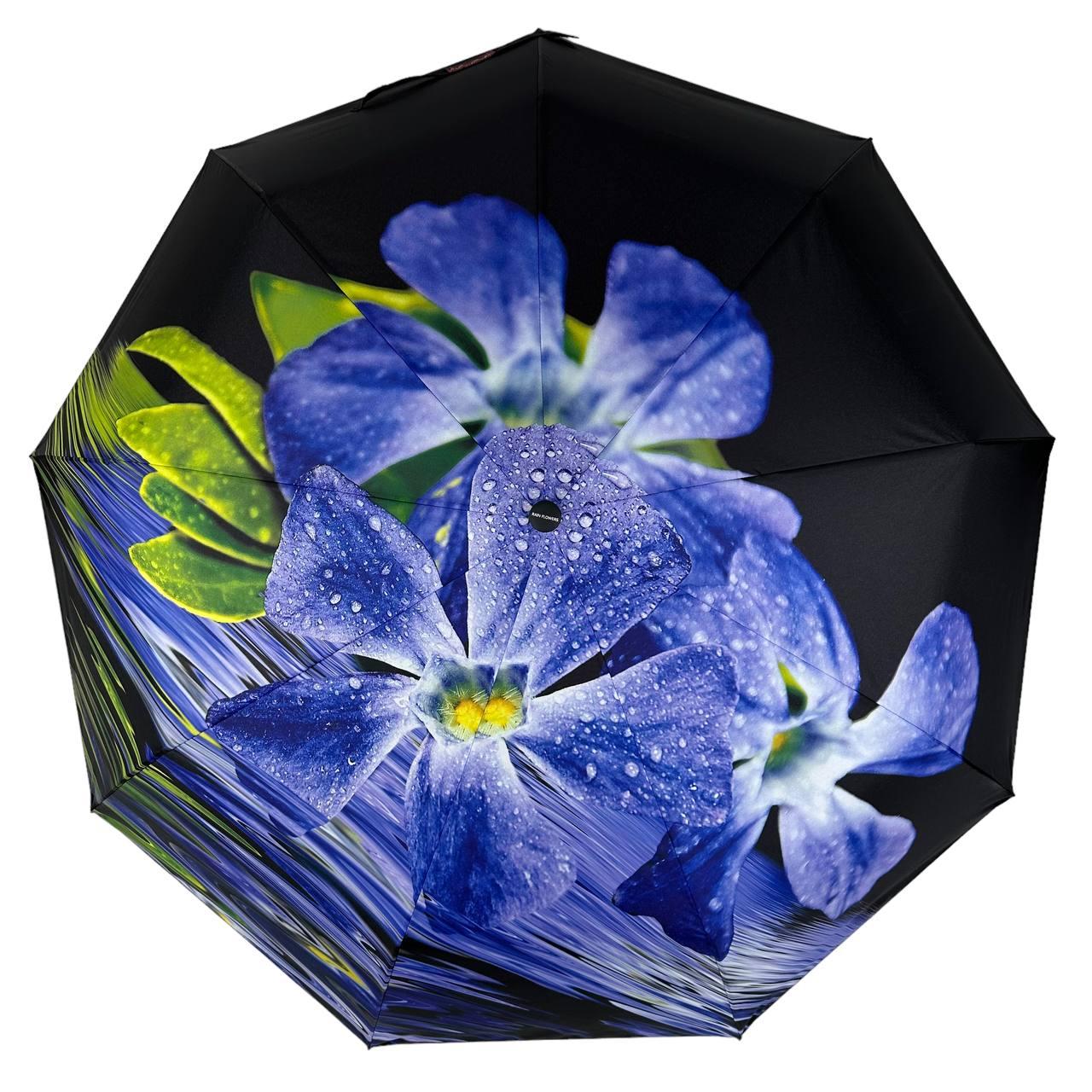 Зонт женский автомат Rain Flower в подарочной упаковке с платком Черный с синими цветами (01020-3) - фото 3
