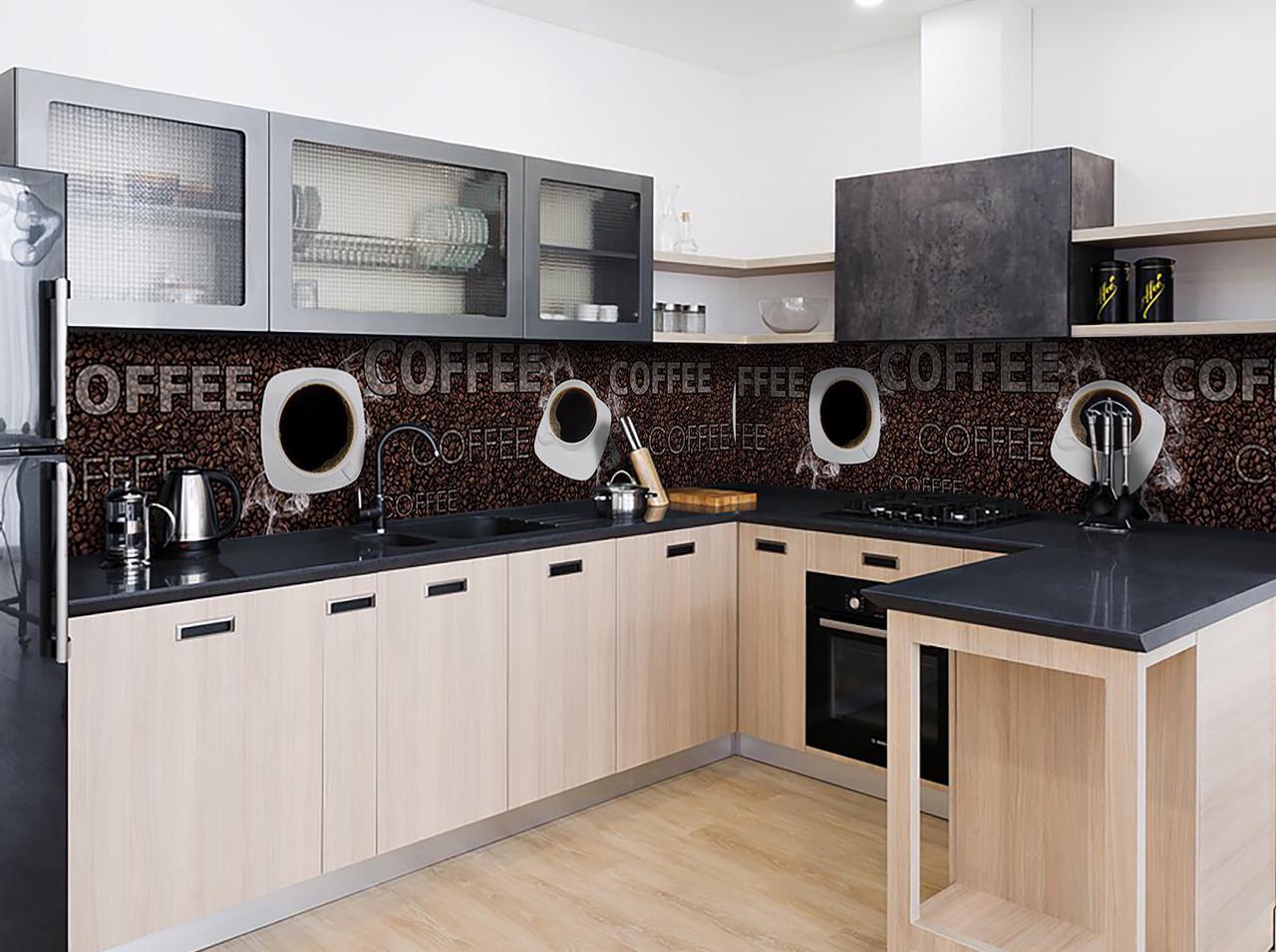 Кухонный фартук Темный кофе в чашках зерна из самоклеющейся виниловой пленки 65х250 см Коричневый Кухонный фартук Темный кофе в чашках зерна из самоклеющейся виниловой пленки 65х250 см Коричневый