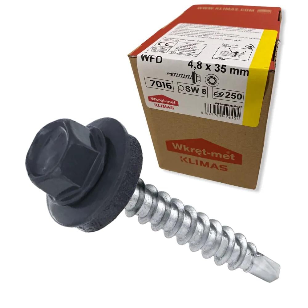 Саморез кровельный по дереву Klimas Wkret-Met RAL 7016 4,8x35 мм 250 шт. Саморез кровельный по дереву Klimas Wkret-Met RAL 7016 4,8x35 мм 250 шт.