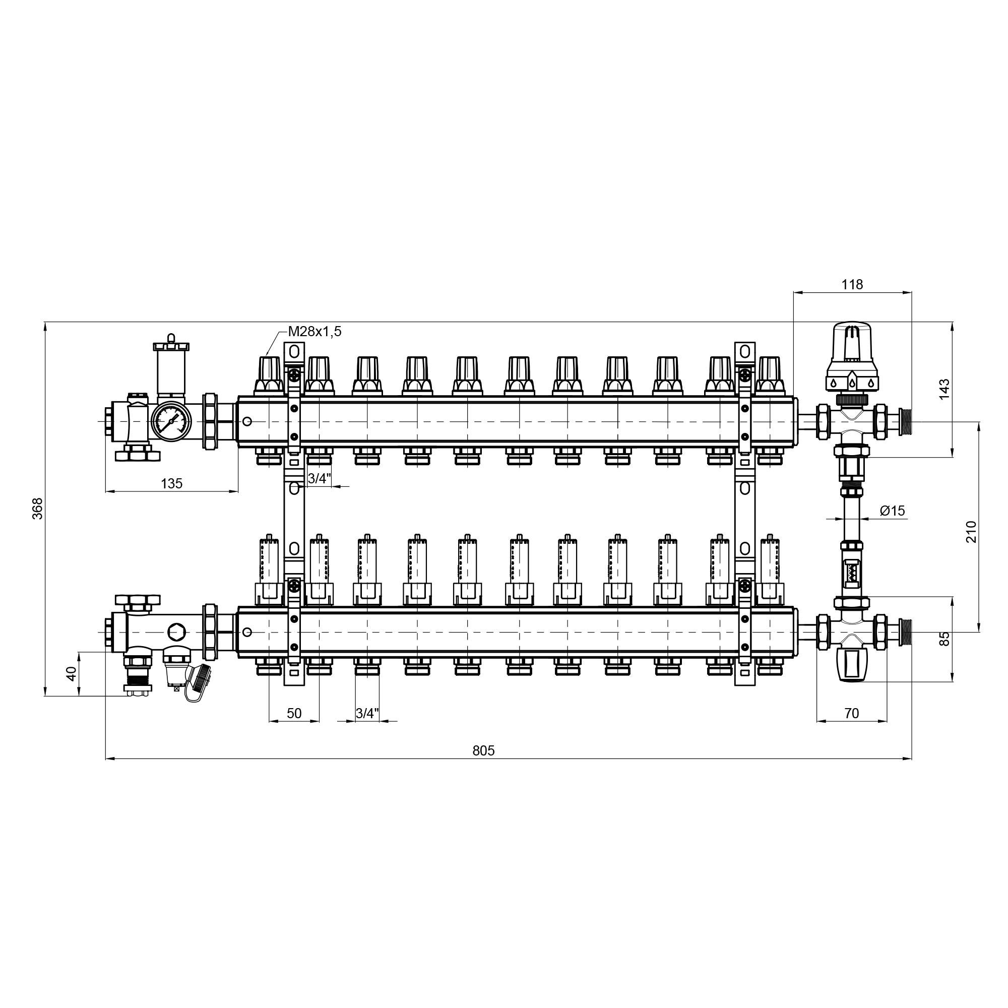 Коллектор для теплого пола ICMA A1K013APT06 11 контуров с расходомерами 1"/3/4" (78697) - фото 2