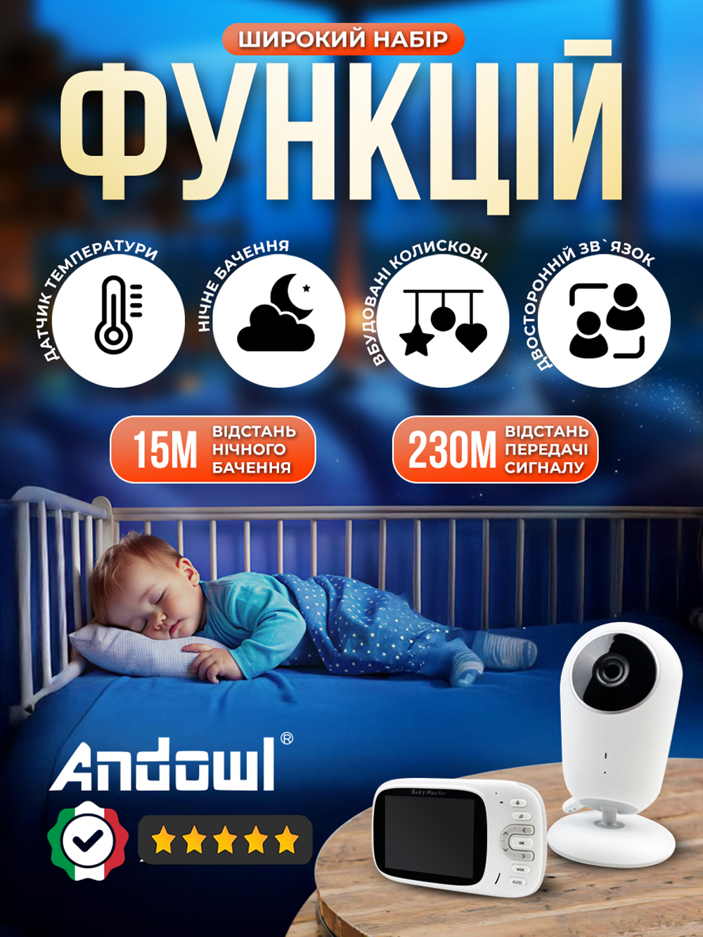 Відеоняня бездротова з двостороннім зв'язком Andowl q-sx907х1 Білий (30bf70c5) - фото 5