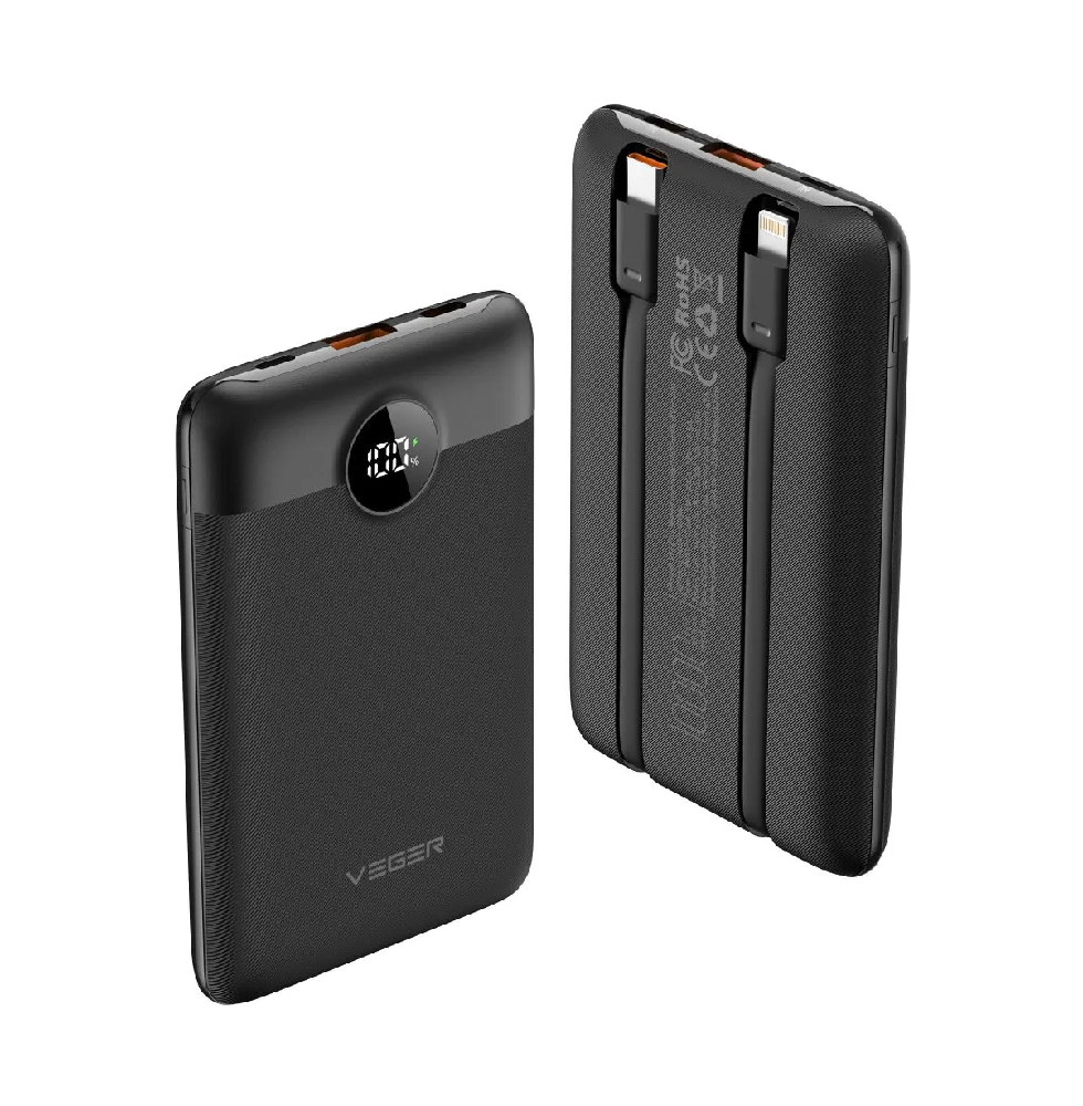 Внешний аккумулятор VEGER 10000 mAh с помещенными cables Тип C/Lightning PD QC3.0 2A 22,5W C11 W1170 Black (34602837)
