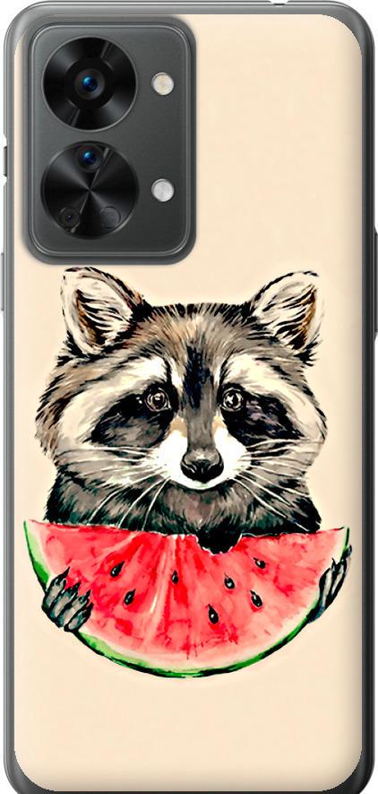 Чехол на OnePlus Nord 2T Енотик с арбузом (4605u-2640-42517)