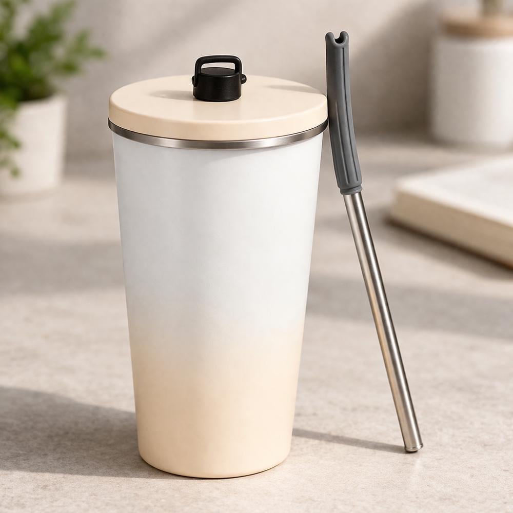 Термокружка 124708 600 мл из нержавеющей стали 304 с трубочкой и крышкой Бежевый