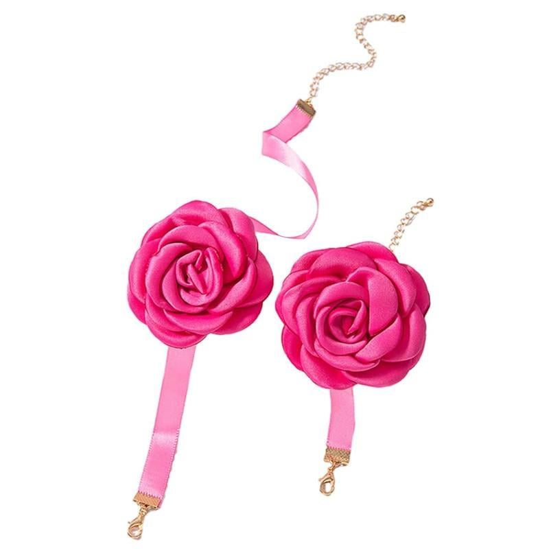 Чокер и браслет объемная Роза на ленте 2 предмета Розовый с золотистым (2789190606)