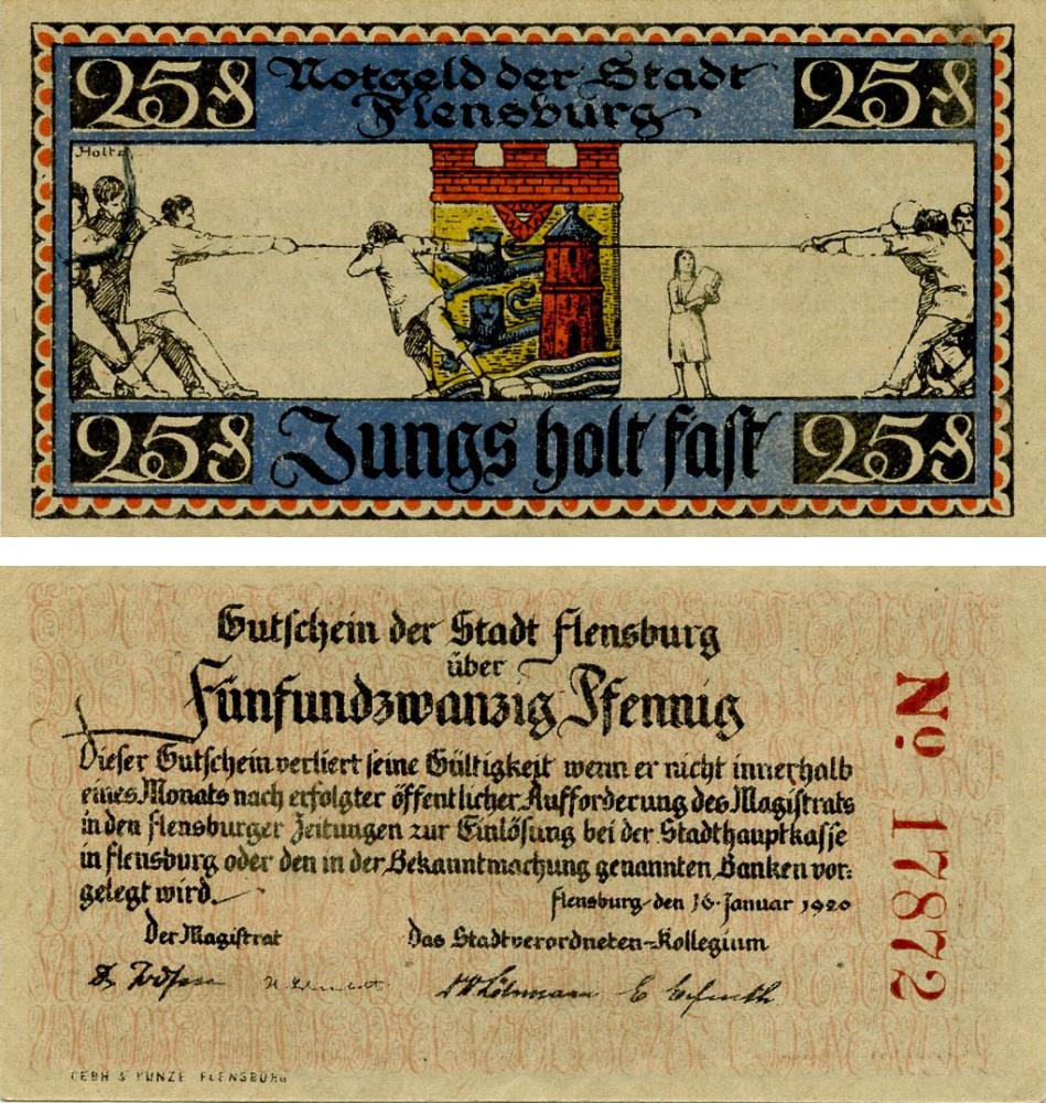 Коллекционная банкнота Германия Нотгельд 25 пфеннигов 1920 F-VF Фленсбург Разновидность (Б16169)