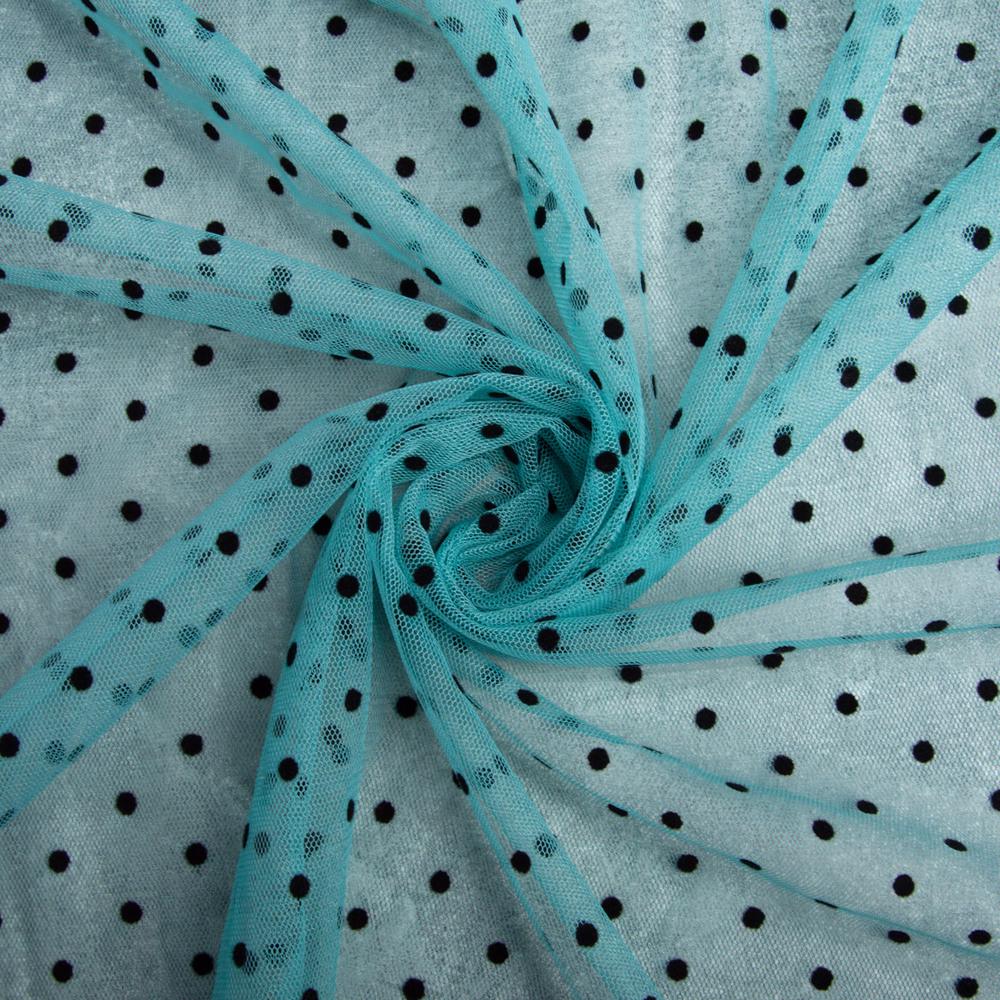 Ткань сетка стрейч Горох с флоком мелкая Бирюзовый (19416)