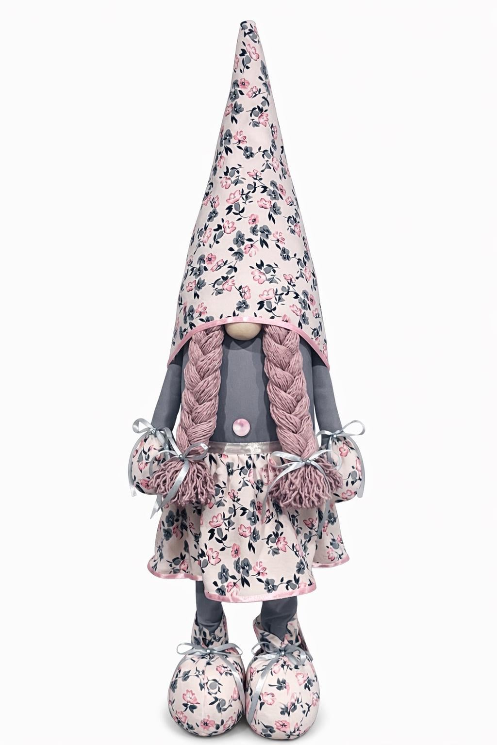 Лялька інтер'єрна Скандинавський гном-дівчинка принт Квітковий 90-95 см Сірий/Рожевий/Пудровий (025)