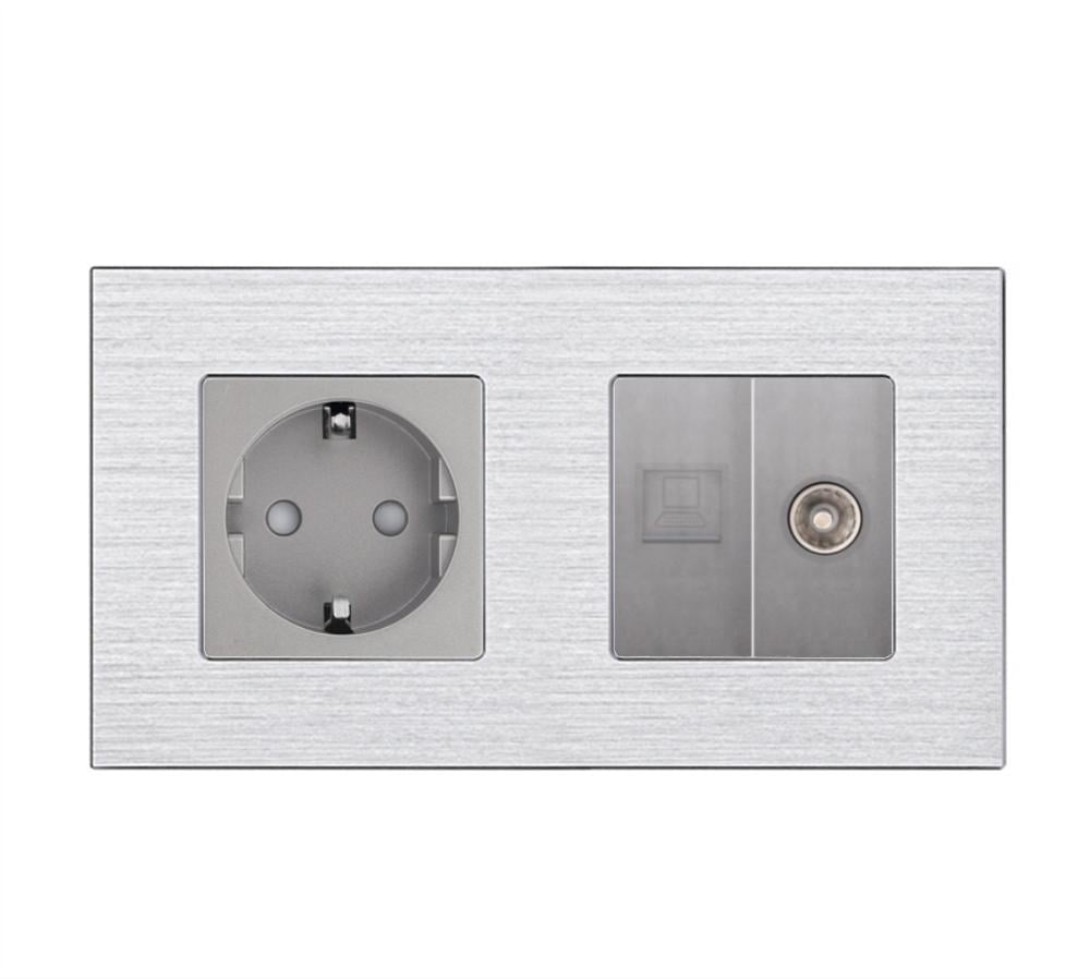 Розетка настенная WALLPAD силовая/интернет RJ-45/ТВ дизайнерская алюминиевая рамка Серый (WP-M2FCAT6PTY-GY)