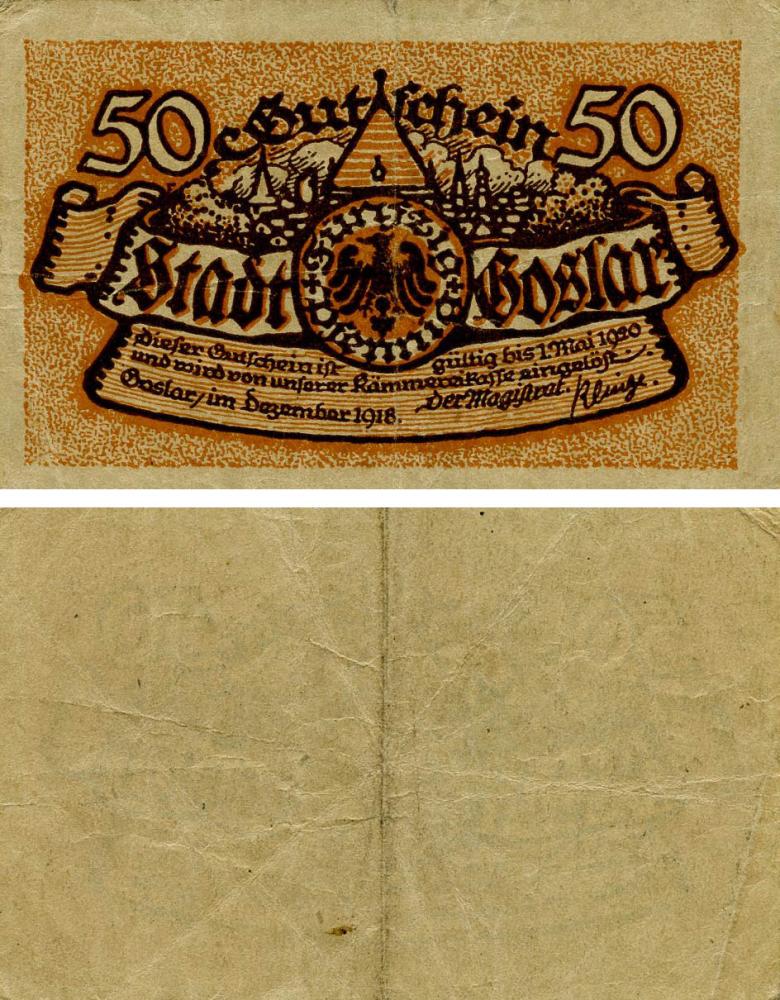 Коллекционная банкнота Германия Нотгельд 50 пфеннигов 1918 F-VF Гослар (Б18694)