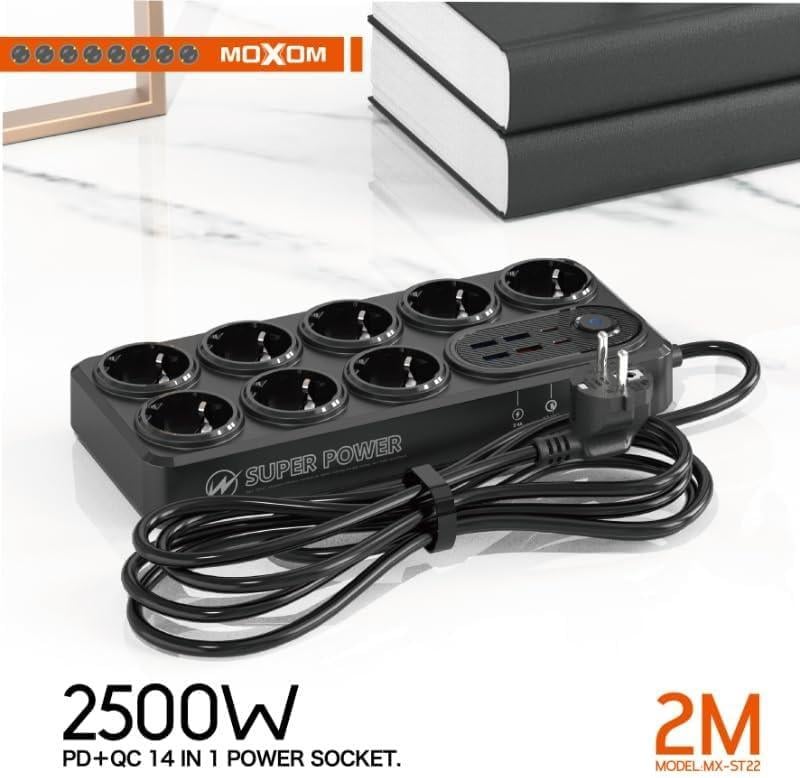 Удлинитель с защитой от перенапряжения Moxom MX-ST22 14в1 Power Strip с 2 PD/QC 2500 Вт 8 розеток и 3 USB для нескольких устройств 2 м Черный - фото 2 Удлинитель с защитой от перенапряжения Moxom MX-ST22 14в1 Power Strip с 2 PD/QC 2500 Вт 8 розеток и 3 USB для нескольких устройств 2 м Черный - фото 2