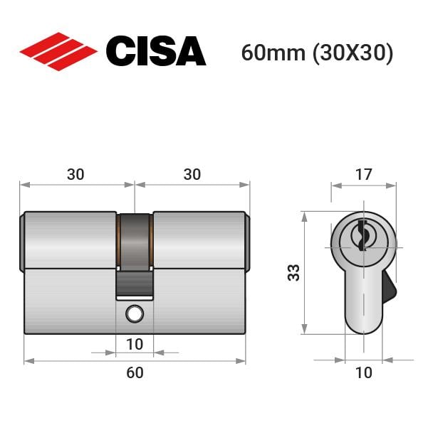 Цилиндр Cisa C2000 60 30x30 Никель матовый (37947) - фото 7