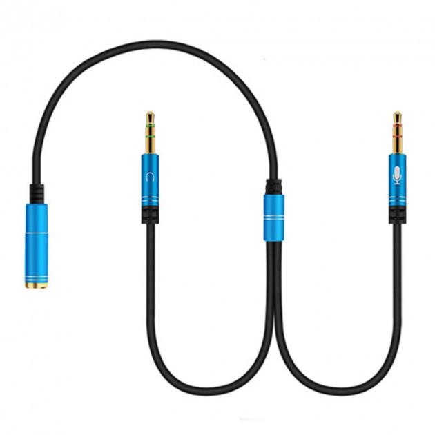Кабель-спліттер SUNROZ Metal 3,5 мм гніздо 4 pin на 2 штекери 3,5 мм 3 pin Blue (A48318) Кабель-спліттер SUNROZ Metal 3,5 мм гніздо 4 pin на 2 штекери 3,5 мм 3 pin Blue (A48318)