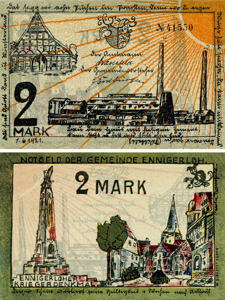 Коллекционная банкнота Германия Нотгельд 2 марки 1921 F-VF Эннигерло (Б18389)