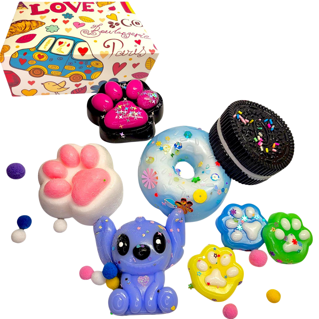 Подарочный бокс популярных сквишей разных размеров пончик/Стич/Орео/таба-лапки 8 шт.