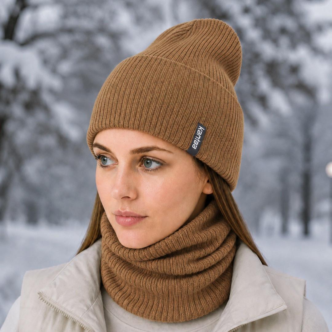 Комплект шапка и снуд вязаные Luxyart унисекс Капучино (KO-221)