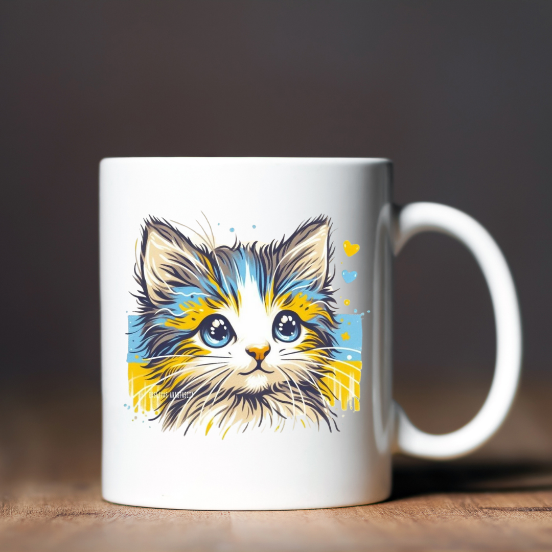 Чашка керамічна глянцева "Кіт з прапором на фоні" 330 мл Білий (001462)