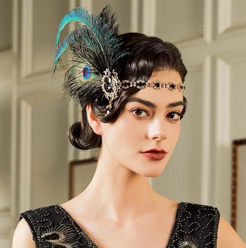 Набір прикрас у стилі Great Gatsby пов’язка з павиним пір’ям/перли/сережки Зелений (2762726149) - фото 2