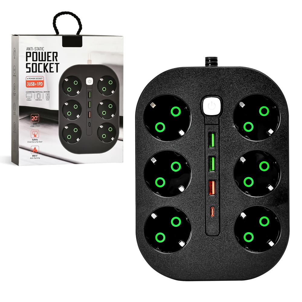 Подовжувач HOME R95594 3 м 6 р 3USB 1PD з вимикачем 21,8х18,3х5 см