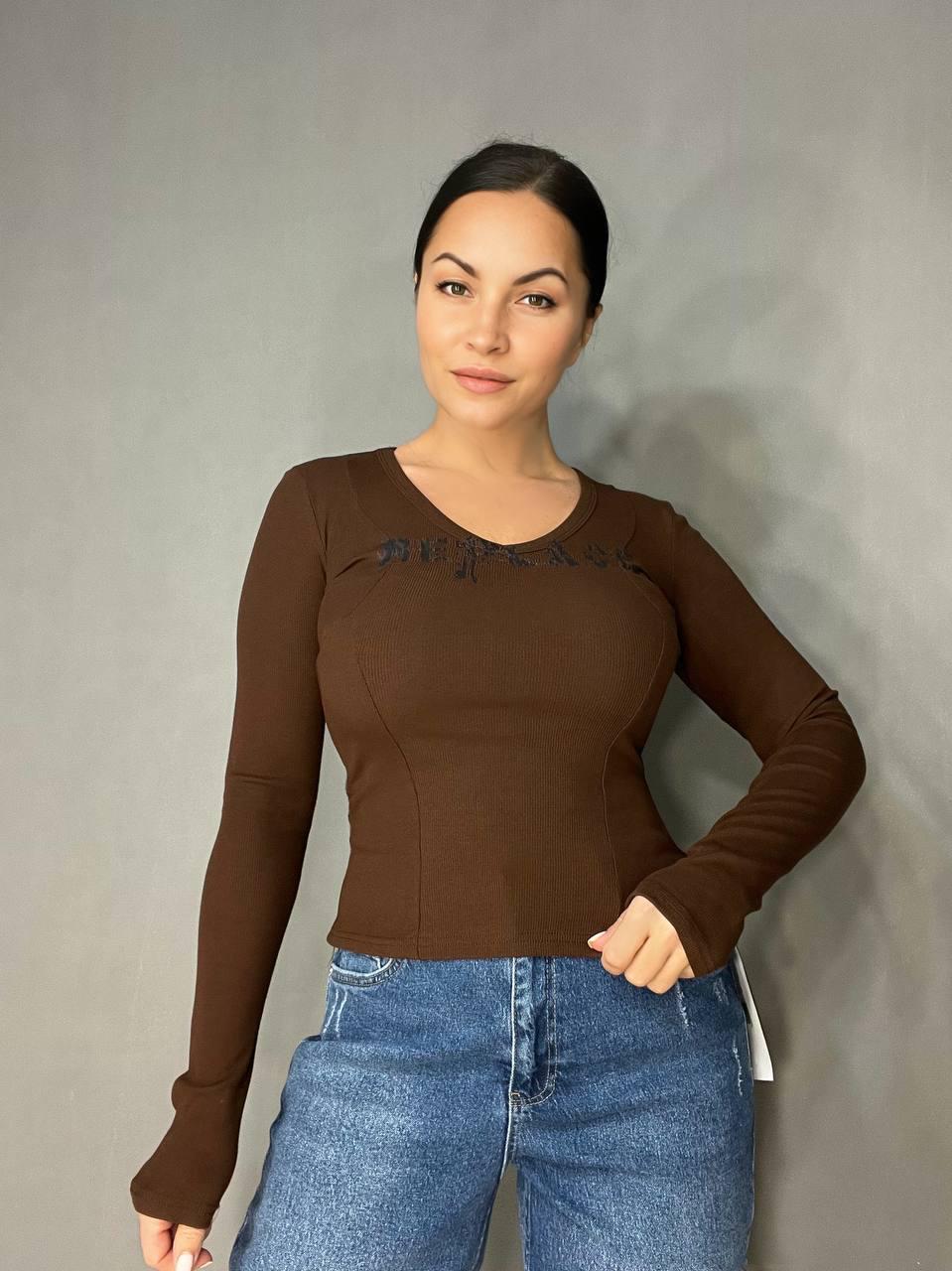 Лонгслів жіночий A-N 25079 рубчик реглан v-виріз корсетні шви OS Коричневий (3453) - фото 7 Лонгслів жіночий A-N 25079 рубчик реглан v-виріз корсетні шви OS Коричневий (3453) - фото 7