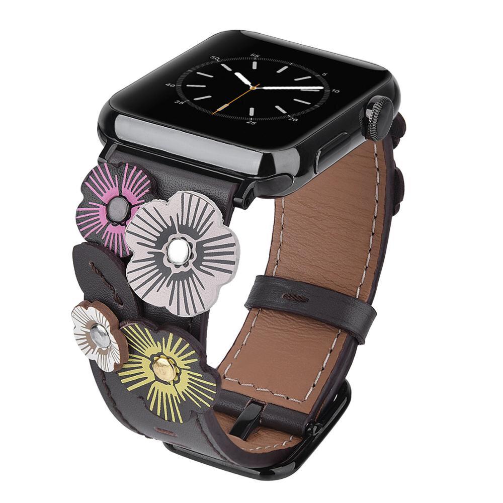 Кожаный ремешок для Apple Watch Цветы 38-40 мм Черный