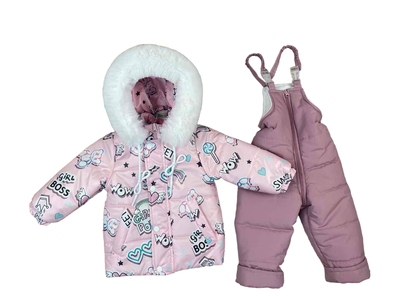Детский зимний полукомбинезон и курточка раздельная 86 см Розовый (21382)