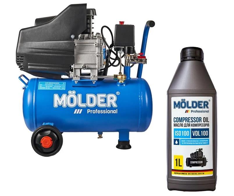 Комплект воздушный компрессор Molder с ресивером 20л, 1100Вт + компрессорное масло Molder VDL 100 1л