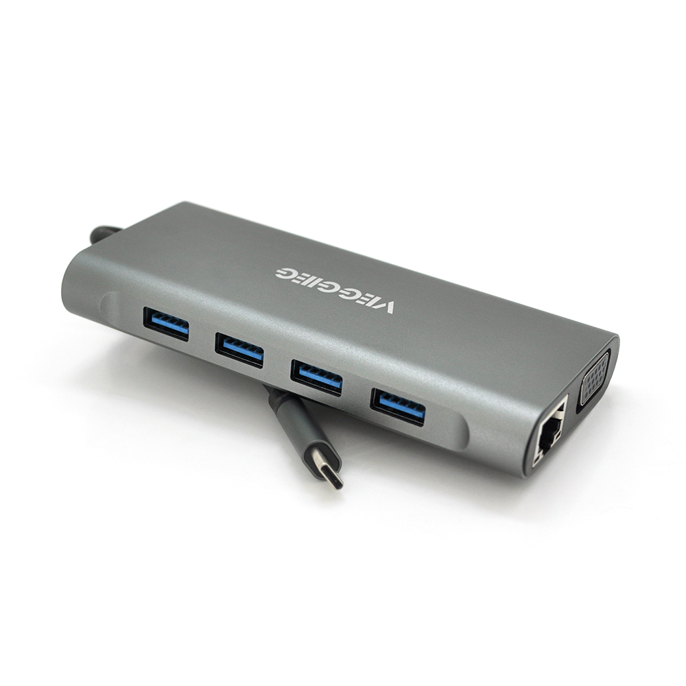 Хаб-конвертор Veggieg TC11-S Type-C USB с HDMI USB3.0 RJ45 SD TF jack3,5 Серебристый (19912)