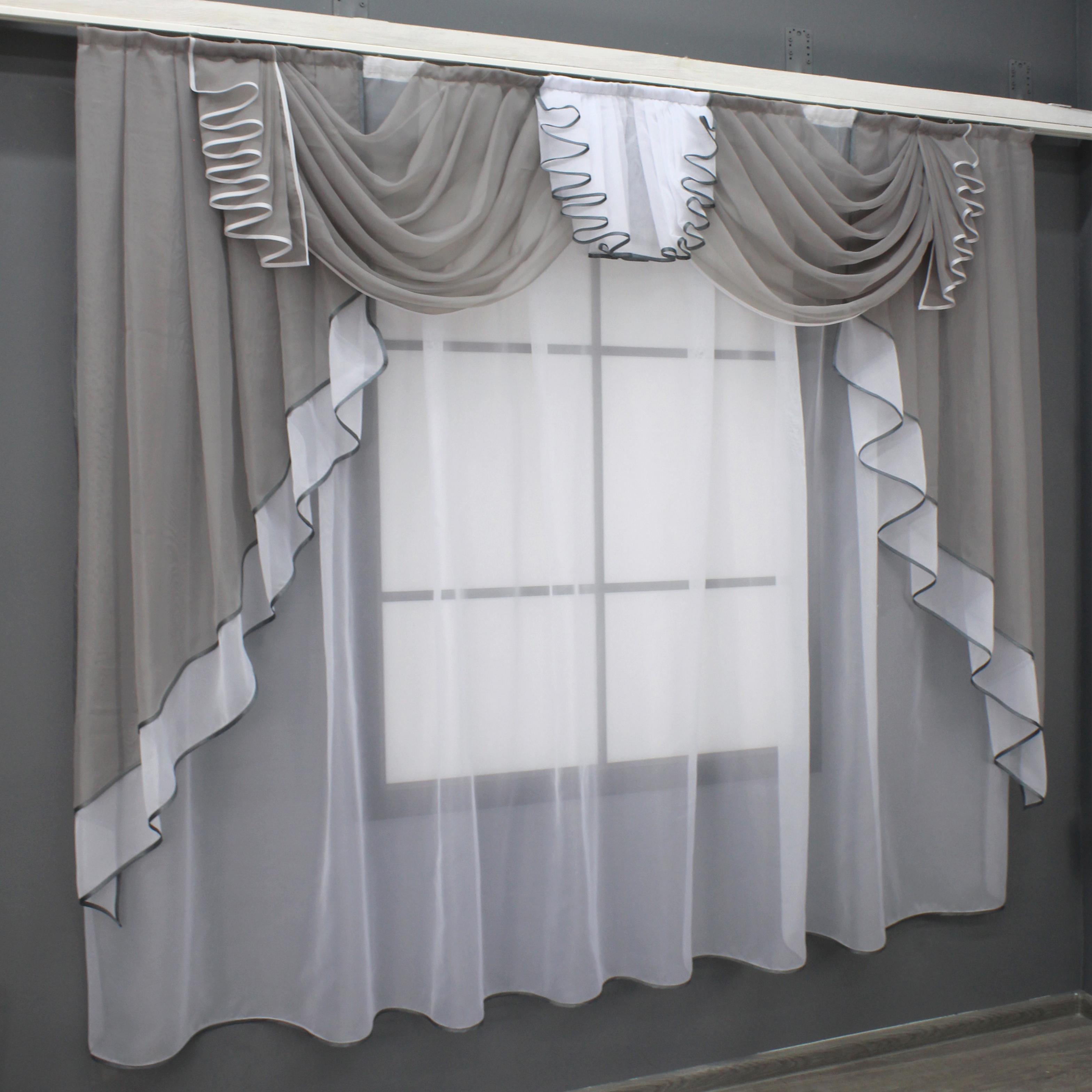 Ламбрекен кухонный с тюлем VR-Textil № 107к 200х170 см Серый/Белый (52-0877)