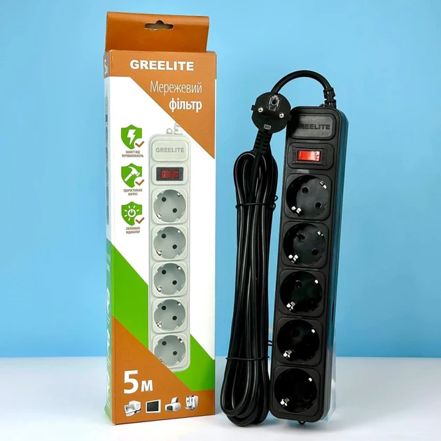 Подовжувач GREELITE SP5 на 5 розеток 1,8 м (4798) - фото 2 Подовжувач GREELITE SP5 на 5 розеток 1,8 м (4798) - фото 2