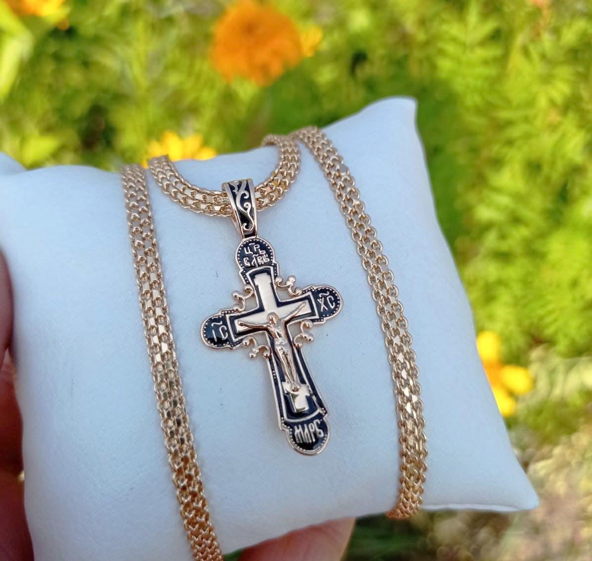 Набор украшений Xuping цепочка бисмарк двойная/классическая 50/55/60 см 4 мм/крестик Православная 4,5х2,3 см 18к 585п Золотой (82-047-1)