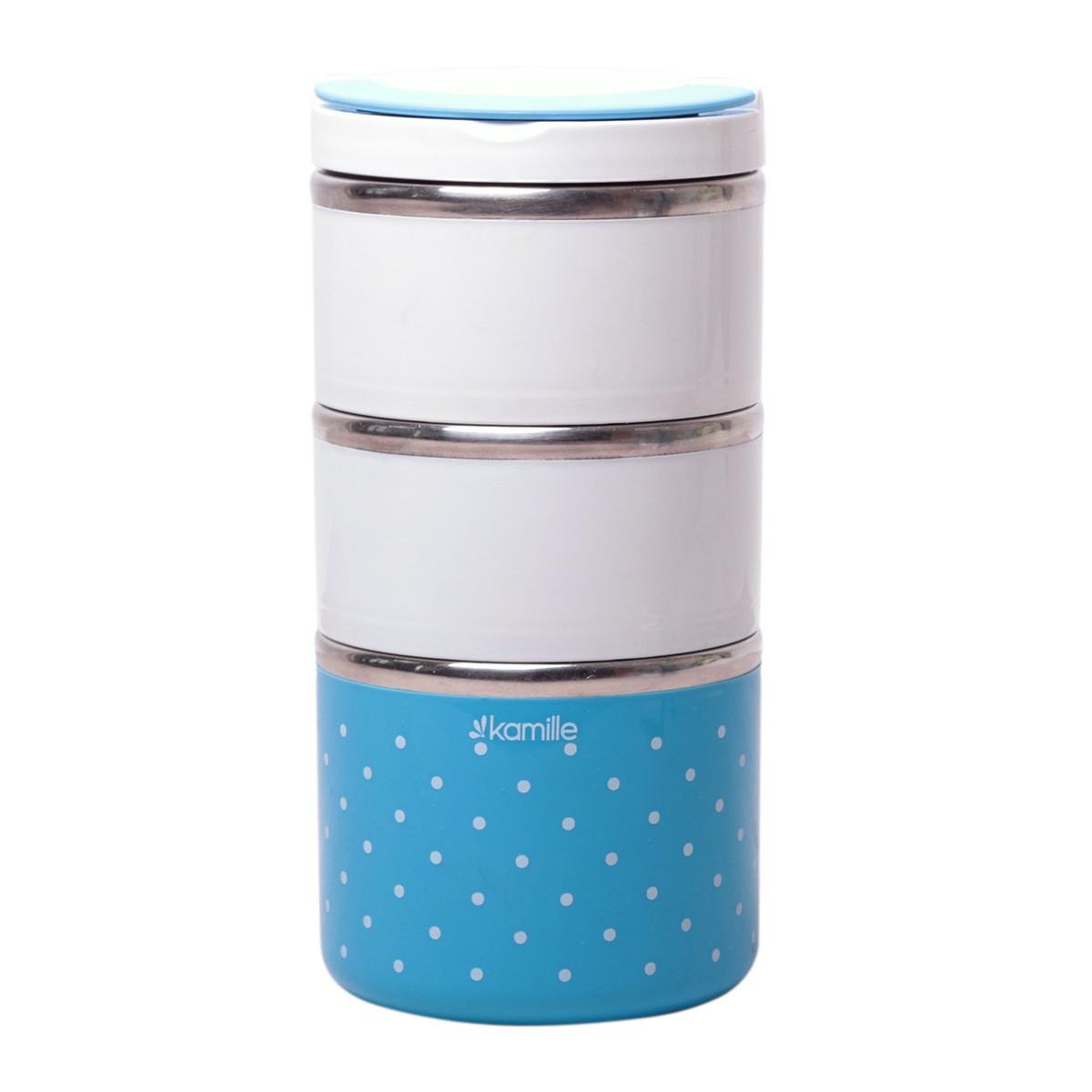 Ланч-бокс для обедов тройной Kamille KM-2104 из пластика и нержавеющей стали с ручками 1480 мл Голубовато-белый (124-84-2104)