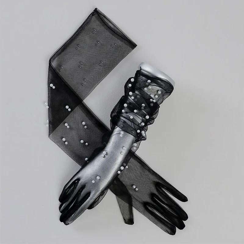 Перчатки фатиновые с жемчугом выше локтя Черный Перчатки фатиновые с жемчугом выше локтя Черный