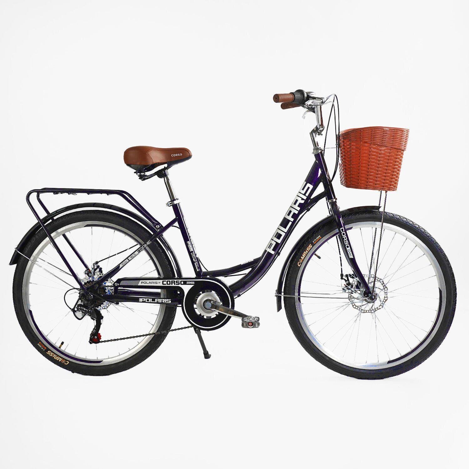 Велосипед міський Corso Polaris з кошиком та багажником рама 16,5"/26" Фіолетовий - фото 1