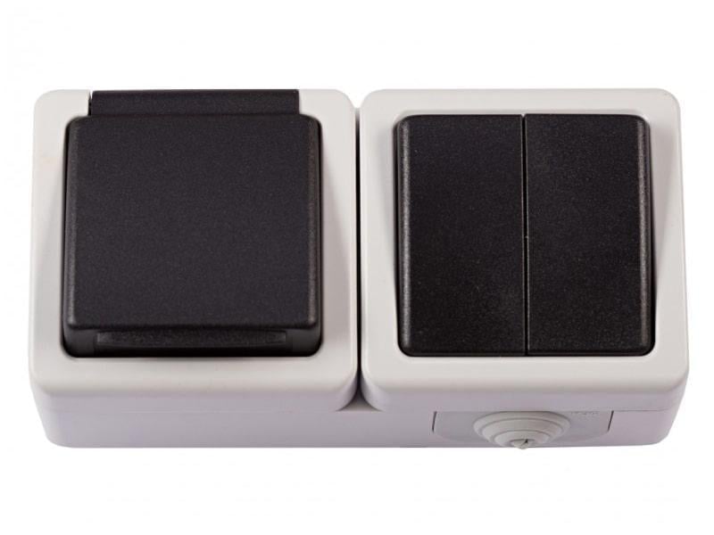 Выключатель двухклавишный накладной Luxel 6533 DEBUT с одинарной розеткой с/з IP65 Серый (27486965)