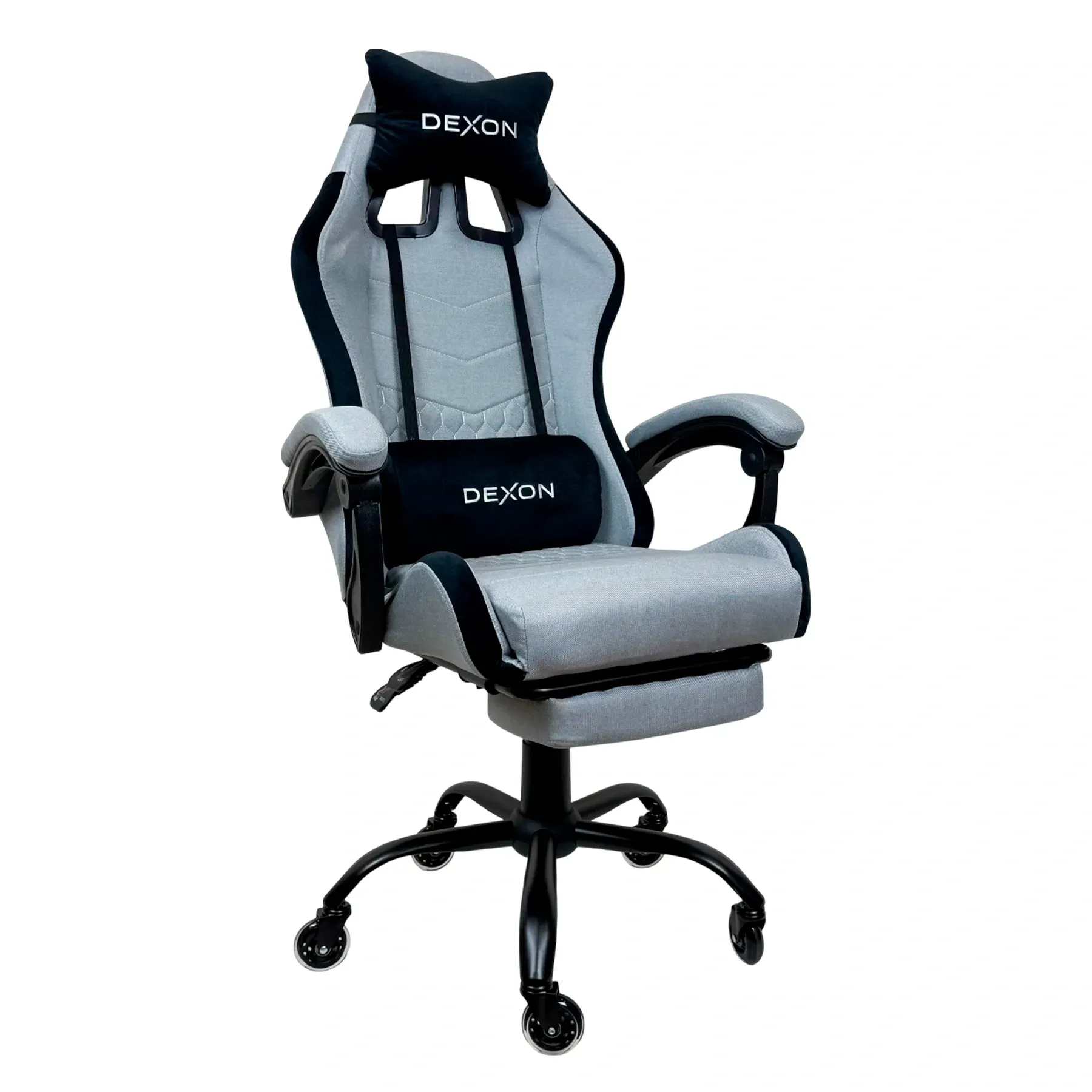 Кресло геймерское DEXON ORION X с подставкой для ног из ткани/подушки велюр Серый (40296)